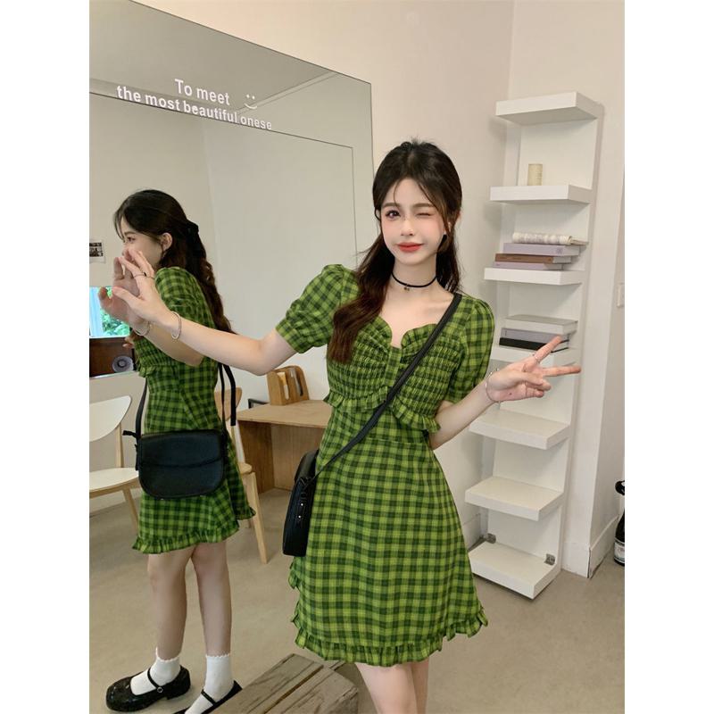 Niche Green Slimming Cinched Waist Plaid French Style Dress