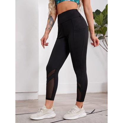 High-Waisted Yoga Sports Fitness Pocket Button Side Patchwork Mesh Sports Leggings