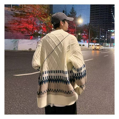 Cardigan drapé coupe-vent, tricot jacquard à blocs de couleur, coupe ample, pull en tricot décontracté et polyvalent