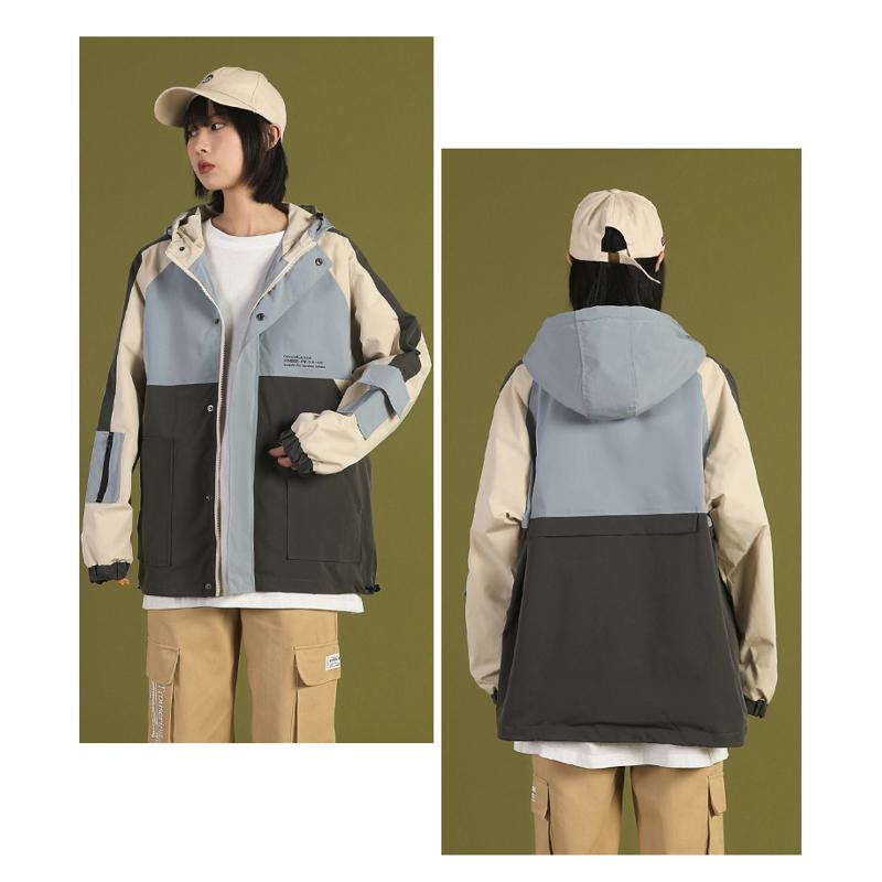多目的なカジュアルカラーブロックのルーズフィットレインコートフード付きジャケット。