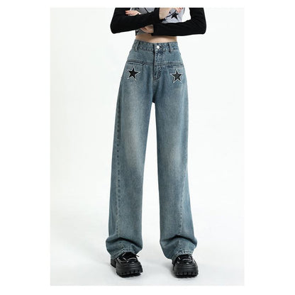 Jeans de bordado de talle alto rectos de pierna ancha y ajuste holgado para adelgazar.