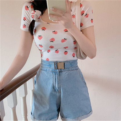 Women's T-Shirt Square Collar Cropped Short Sleeve Tee