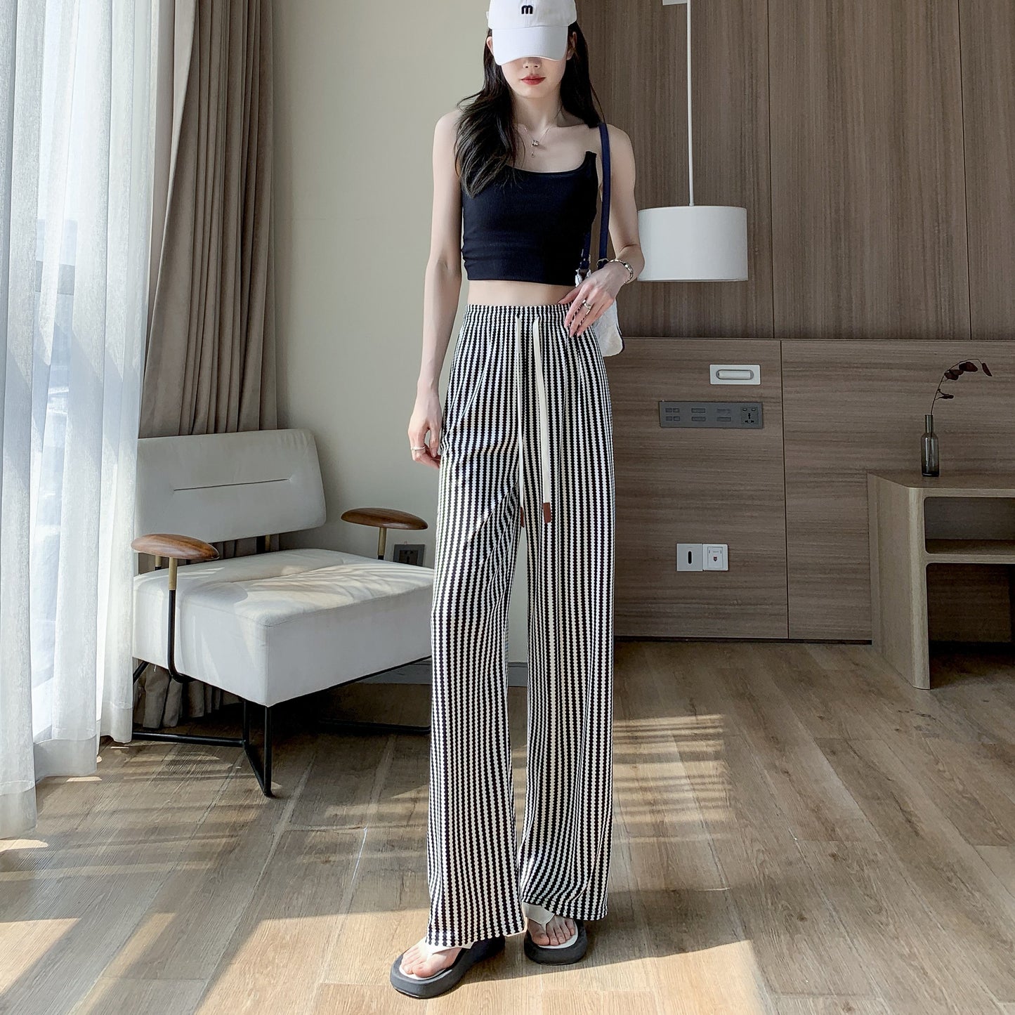 High-Waisted Plaid Stripe Draping Wave Silky Thin Straight Leg Pants