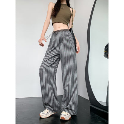 Loose Fit High-Waisted Lazy Thin Straight Stripe Drawstring Pants