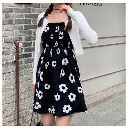 Flower Bud Niche Lining Slimming High-Waisted Floral Print Fluffy Dress