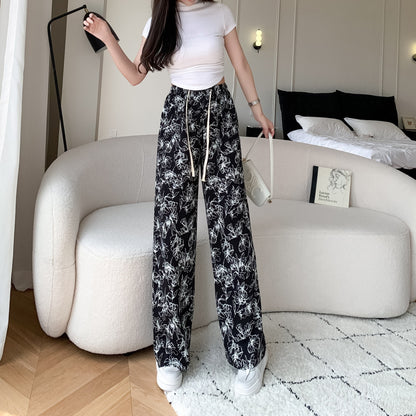 Printed High-Waisted Straight Leg Casual Slimming Look Silky Pants