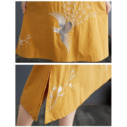 スリミングプラス刺繍ルーズフィットAラインアーティスティックリネンドレス