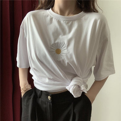 Camiseta de manga corta suelta de algodón puro con manzanilla, estilo chic, para tallas grandes