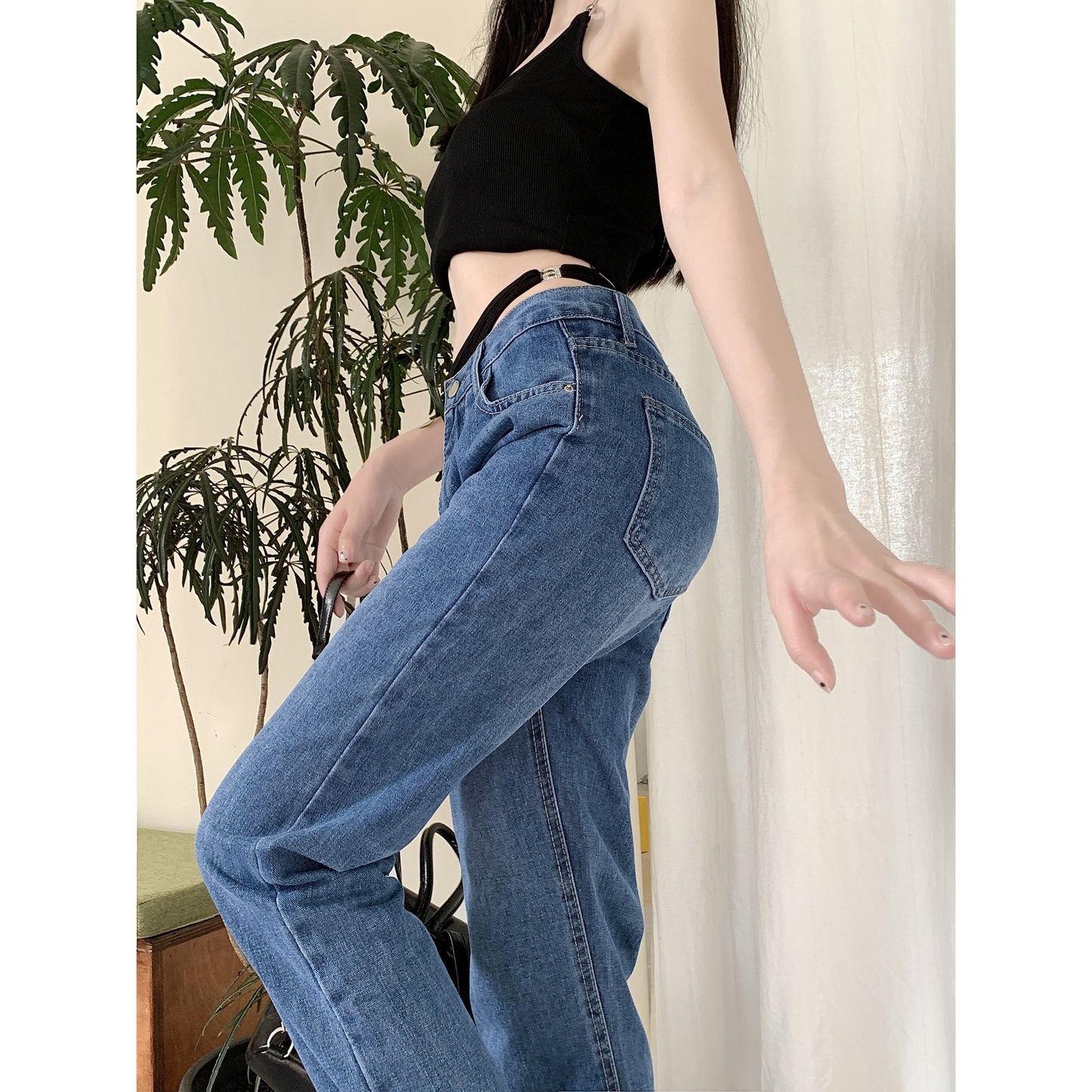 Faux Two-Piece Slimming Straight Leg Low Waist Bikini Jeans
