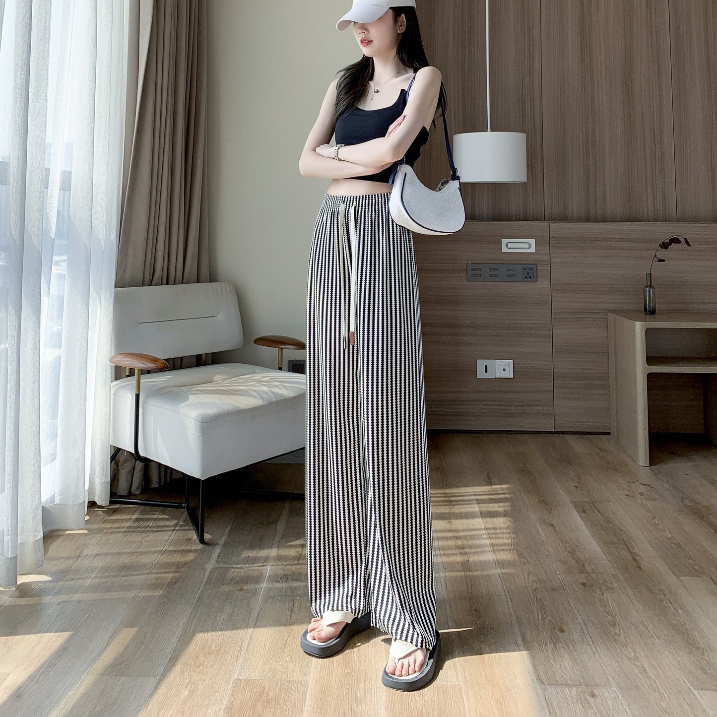 High-Waisted Plaid Stripe Draping Wave Silky Thin Straight Leg Pants