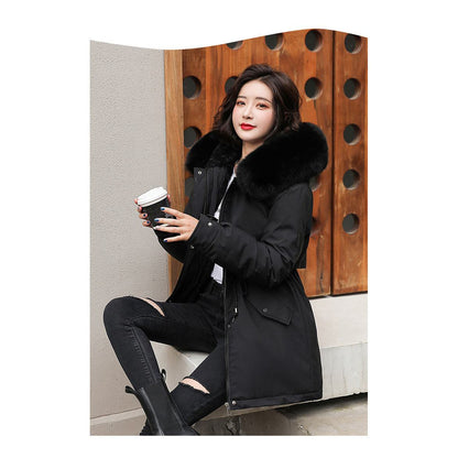 Drawstring Thigh-Length Fur Collar Parka