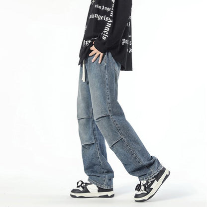 Casual Pleated Loose Fit Retro Straight Street Style Drawstring Jeans