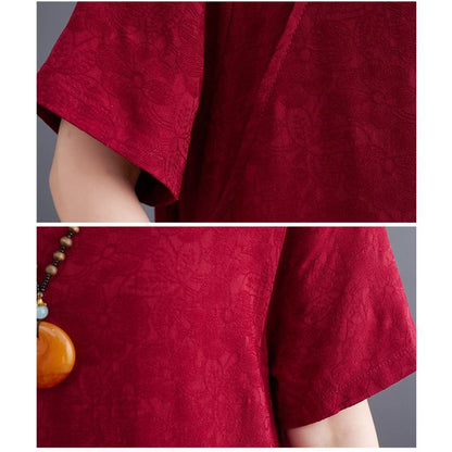 Zen-Style Retro Jacquard Plus Loose Fit Linen Dress