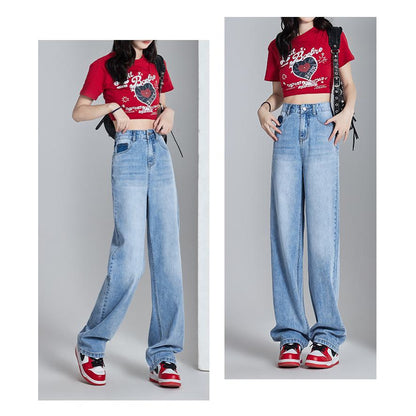 High-Waisted Thin Slimming Draping Versatile Loose Fit Straight Leg Jeans