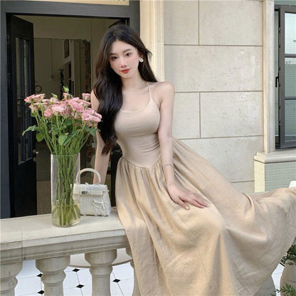 Slimming Cinched Waist Sleeveless Backless Dress
