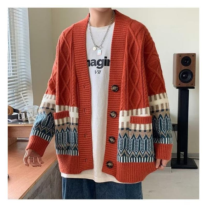 Cardigan drapé coupe-vent, tricot jacquard à blocs de couleur, coupe ample, pull en tricot décontracté et polyvalent