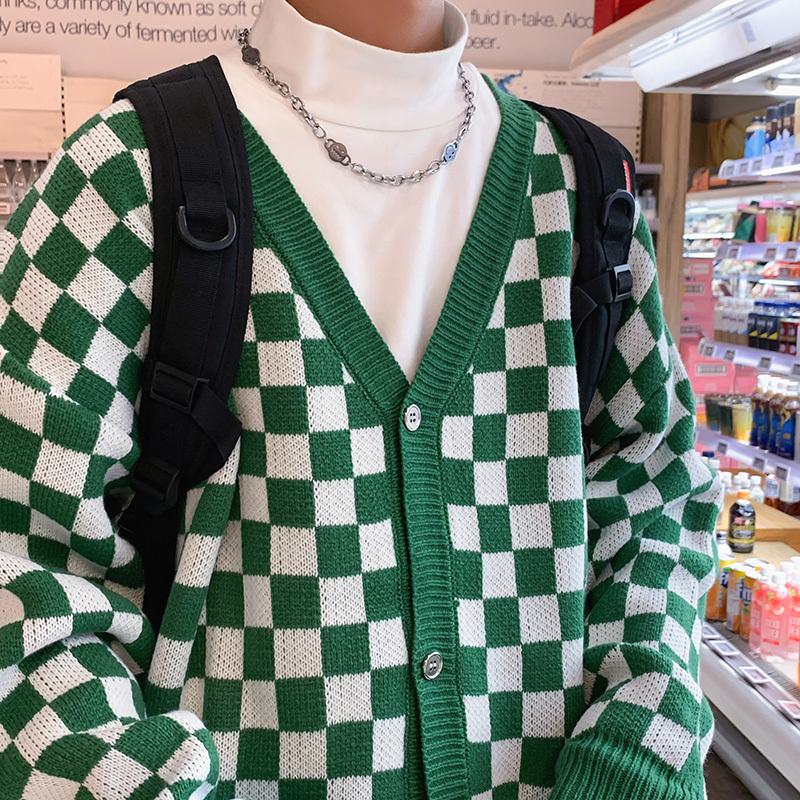 Cardigan à blocs de couleurs tendance, pull à damier ample tricoté