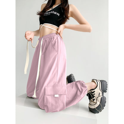 Loose-Fit Casual Silky High-Waisted Multi-Pocket Quick-Drying Sash Wide-Leg Cargo Pants
