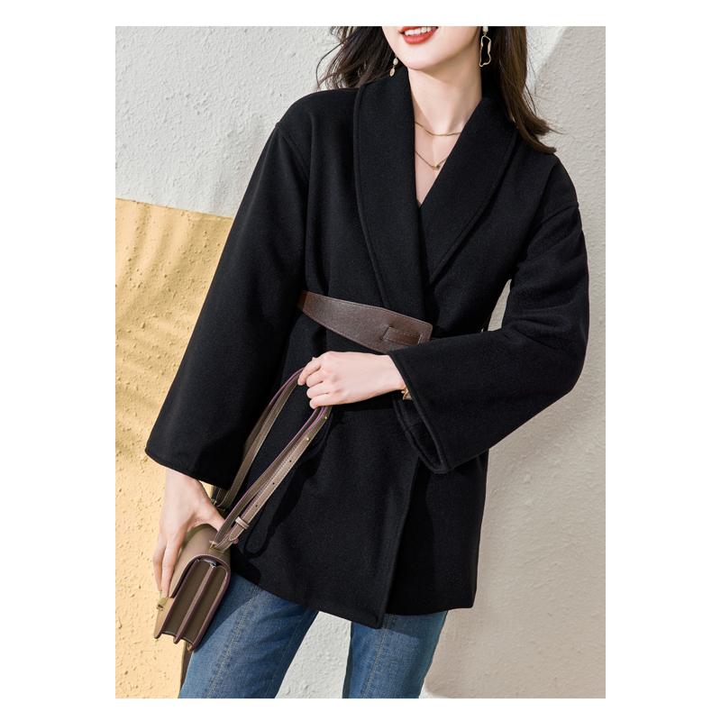 Tie-Up Wool Thigh-Length Loose Fit Wrap Coat