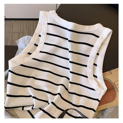 Stripe Back Worn Outside Cropped Sleeveless Knitted Slim-Fit Chain Pure Tank Top