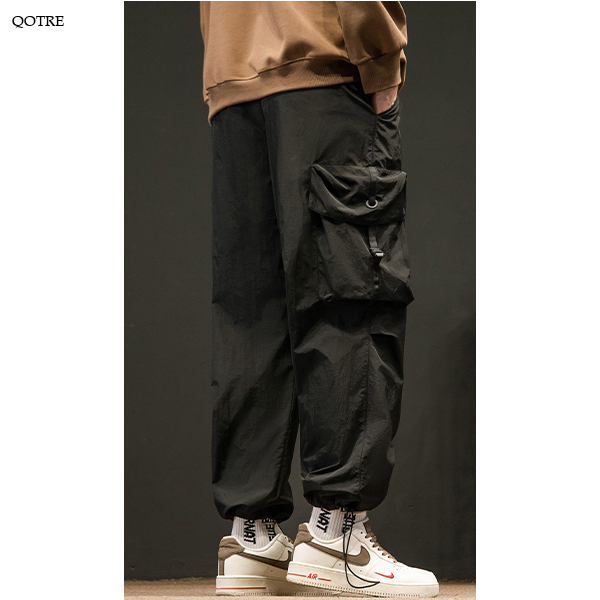 Elasticity Solid Color Tapered Versatile Bellows Pocket Loose Fit Cargo Pants