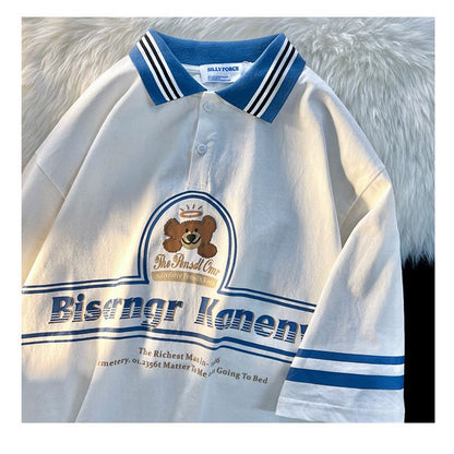 Camiseta de algodón estampada de manga corta con cuello en V y ajuste holgado con oso.
