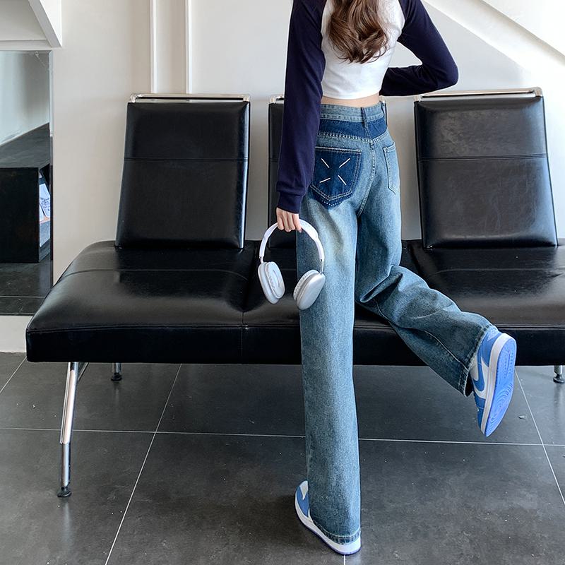 Slimming High-Waisted Lengthened Niche Floor-Length Pocket Patchwork Wide-Leg Jeans