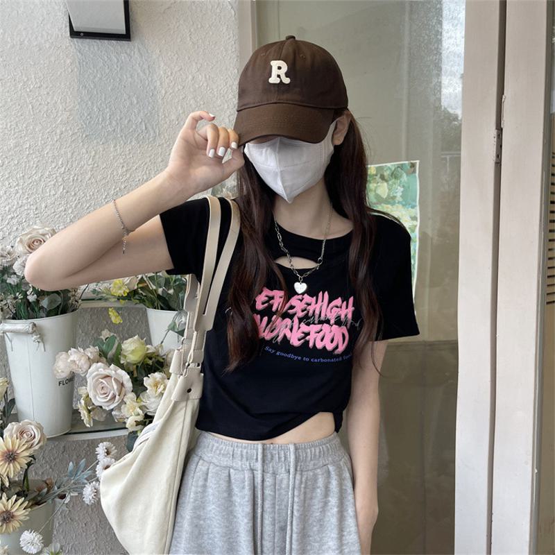 Women's T-Shirt Hollowed-Out Slim-Fit Cropped Short Sleeve Tee
