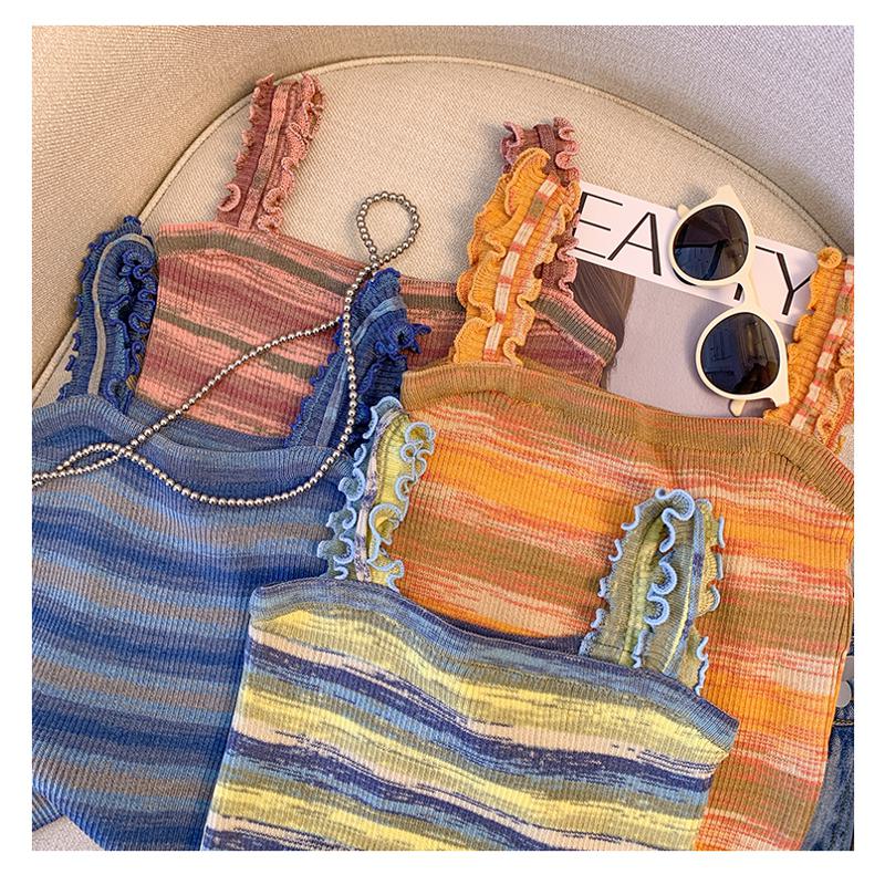 Niche Stripe Patchwork Solid Wood Ear French Style Knitted Tank Top