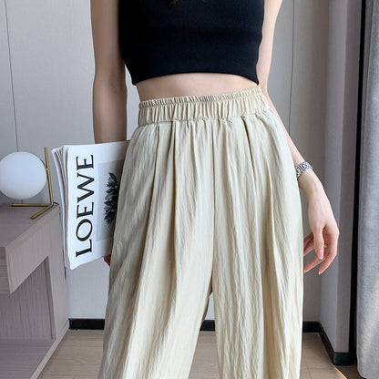 Thin Casual Sun Protection High-Waisted Loose Fit Draping Linen Cotton Silky Pants