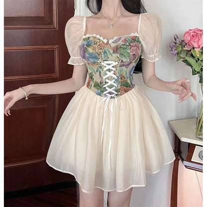 Full-Skirt Style Bubble Sleeve Lace Square Collar Patchwork French Style Dress