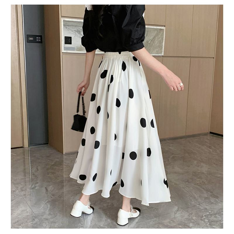 High-Waisted Chiffon Polka Dot Pocket Full Skirt Style Elastic Waist Skirt