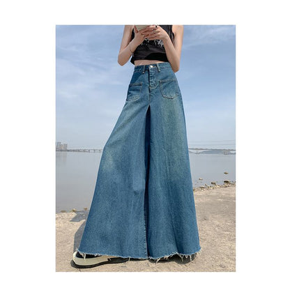 High-Waisted Frayed Edge Loose Fit Wide-Leg Jeans