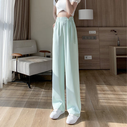Pantalones de diseño fino, de pierna recta y largo hasta el suelo, de talle alto y exclusivos