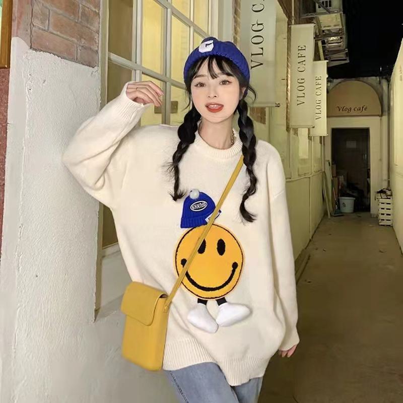Patchwork Smiling Face Casual Loose Fit Sweater