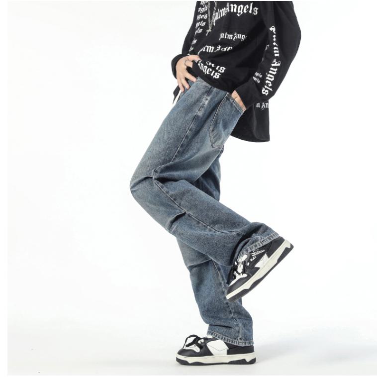Casual Pleated Loose Fit Retro Straight Street Style Drawstring Jeans