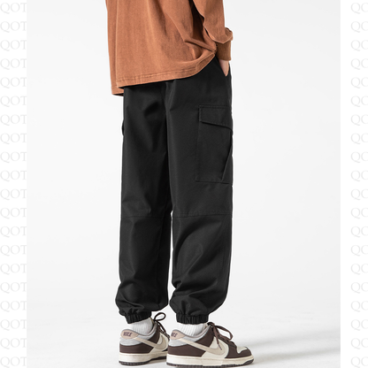 Street Style Elasticity Solid Color Loose Fit Bellows Pocket Tapered Pants