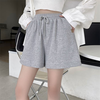 Casual Loose Fit Cotton Pocket Wide-Leg Elastic Shorts