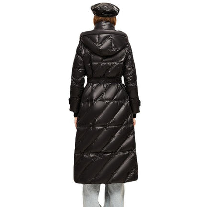 Manteau en duvet imperméable à capuche et ceinturé jusqu'au mollet