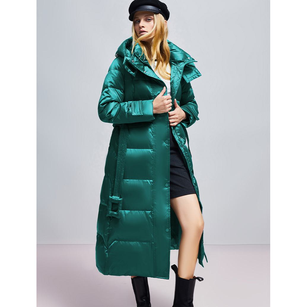 Calf-Length High Neck Quilted Belted Down Coat