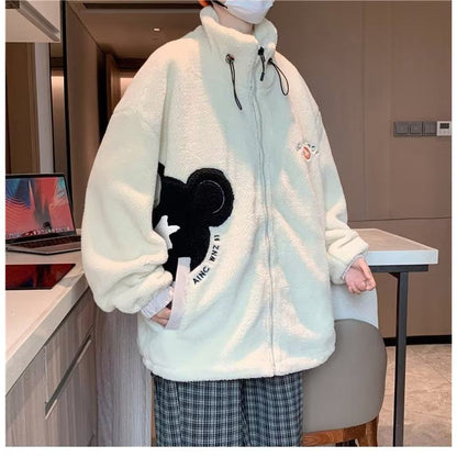 Lapel Collar Trendy Embroidery Harajuku Style Fleece Coat