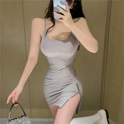French Style Split Slim-Fit Hip-Hugging Zipper Slimming Solid Anti-Aging Dress