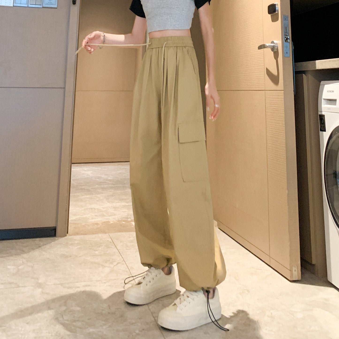 High-Waisted Straight Leg Quick-Drying Thin Sun Protection Drawstring Pants