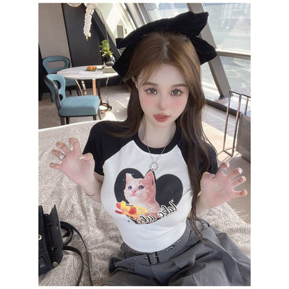 Camiseta de manga corta de lycra con estampado de gatito Petite Patchwork