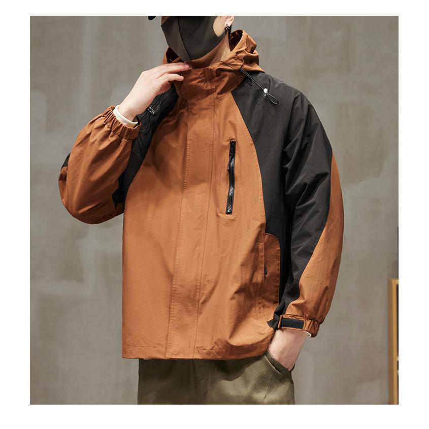 Patchwork Stain-Resistant Workwear Style Full Zip Raincoat Hooded Jacket