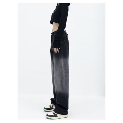 Elegantes Jeans oscuros con cremallera en estilo Harajuku lavado y naturalmente desgastado.