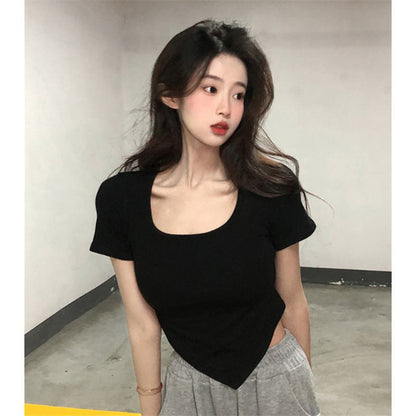 Women's T-Shirt Slim-Fit Cropped Square Collar Short Sleeve Tee