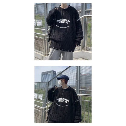 Schwarzer Pullover mit Buchstaben, lockerer Passform und erhöhter Dicke