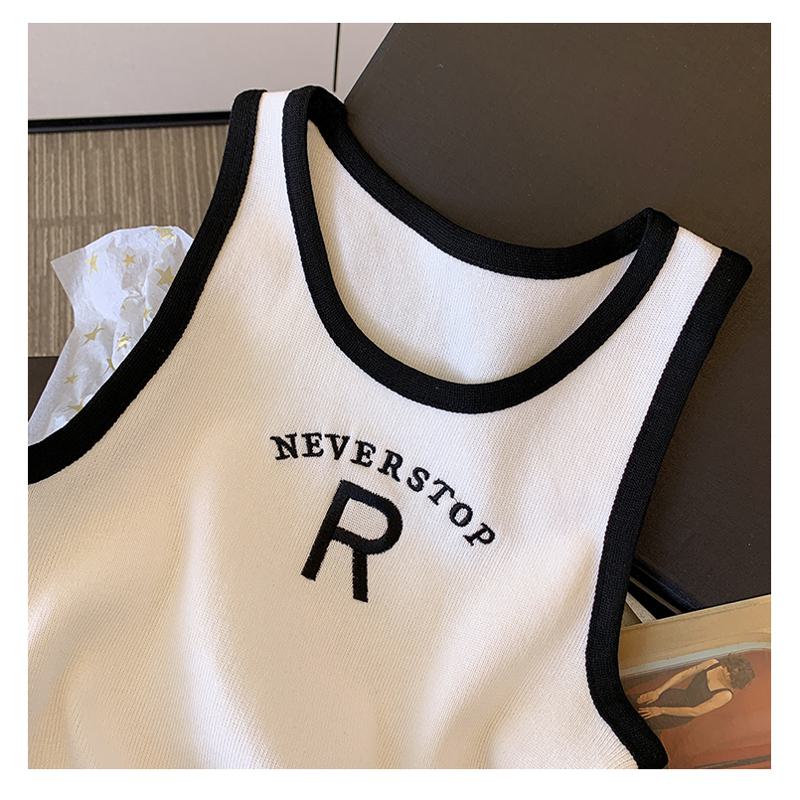 Knitted Cropped Letter Sleeveless French Style Silky Tank Top