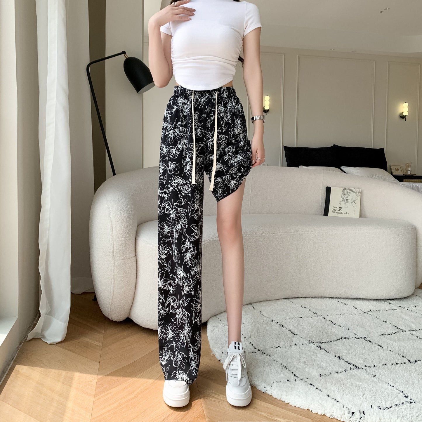 Printed High-Waisted Straight Leg Casual Slimming Look Silky Pants